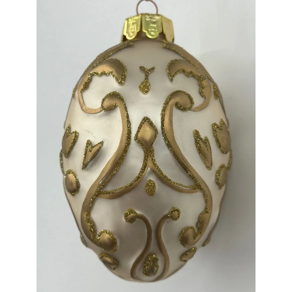 Santa's Best Glass Egg Christmas‎ Ornament Gold Glitter Filigree Pearl White